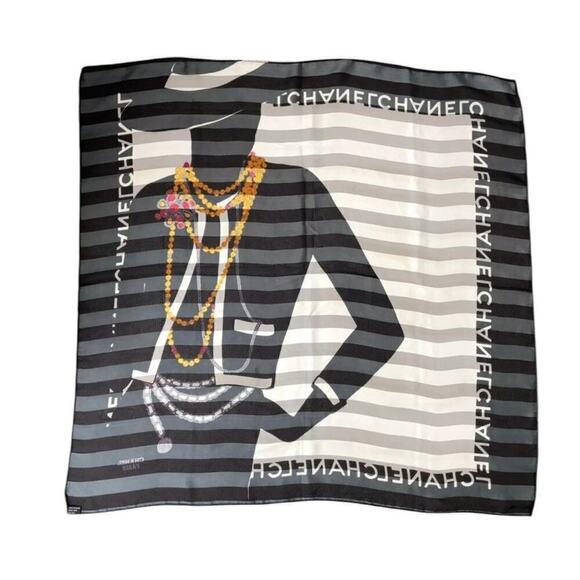 Chanel 80s Jewelry Madame Coco Black and Ecru Square Silk Scarf W/Box - Picture 4 of 16